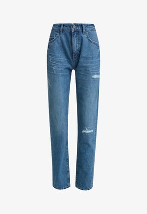 Light blue denim jeans with a high waist, straight cut, and distressed patches on the front. Classic five-pocket design with a button closure.