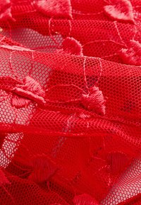 Punainen läpikuultava kangas, jossa on kirjailtuja sydämen muotoja, jotka ovat ripoteltu herkän verkkokuvioisen pitsin pintaan.