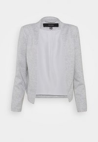 Harmaa, kevyt bleiseri, jossa on teksturoitu kangas, avonainen etuosa ja pitkät hihat. Sisäpuolella on sileä vuori. Kiinnityksiä ei ole näkyvissä.