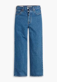 Jean en denim bleu taille haute à jambes droites, fermeture par boutons, poches avant et arrière, et détails de surpiqûres orange sur fond blanc.