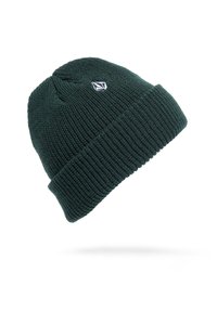 Knit beanie in dark green with a ribbed texture. Features a small white logo on the front. Soft, flexible material for comfort.