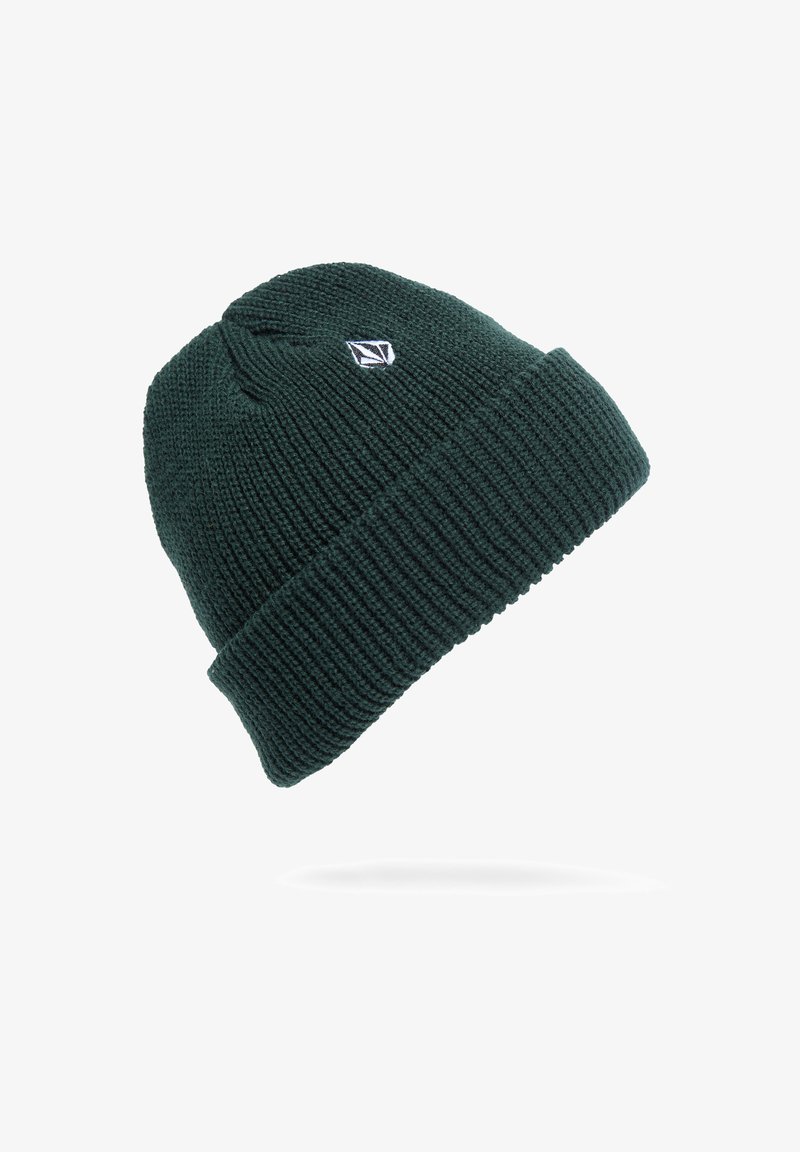 Gebreide beanie in donkergroen met een geribbelde textuur. Voorzien van een klein wit logo op de voorkant. Zacht, flexibel materiaal voor comfort.