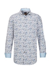 Camicia bianca a maniche lunghe con un motivo paisley blu, con colletto e polsini azzurri, realizzata in un tessuto liscio.