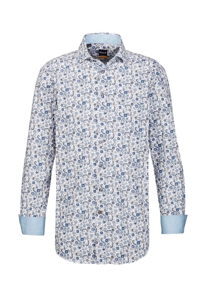 Camicia bianca a maniche lunghe con un motivo paisley blu, con colletto e polsini azzurri, realizzata in un tessuto liscio.
