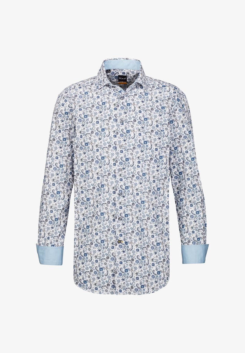 Camicia bianca a maniche lunghe con un motivo paisley blu, con colletto e polsini azzurri, realizzata in un tessuto liscio.