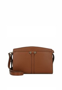 Borsa a tracolla in pelle marrone con due cinturini frontali, superficie testurizzata, forma rettangolare, tracolla regolabile e dettaglio del logo nella parte superiore.