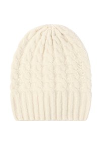 Gorro de punto color crema con un patrón de trenzas, puño acanalado, textura suave y parte superior redondeada. Adecuado para usar en climas fríos.