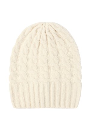 Pletená krémová čepice s kabelovým vzorem, žebrovaným lemem, měkkou texturou a zaoblenou špicí. Vhodná pro nošení v chladném počasí.