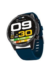 Orologio intelligente rotondo nero con cinturino in silicone blu. Il display mostra l'ora, la data e le statistiche fitness con colori giallo, bianco e verde in grassetto.