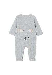 Grauer Baumwoll-Overall mit langen Ärmeln, der ein Bärenkopfdesign auf dem Rücken zeigt, einschließlich Ohren und gedruckten Gesichtszügen.