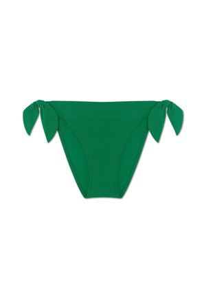 Grøn bikini bund lavet af glat, strækbart stof. Har slips detaljer på hver side og et klassisk snit med minimal dækning.