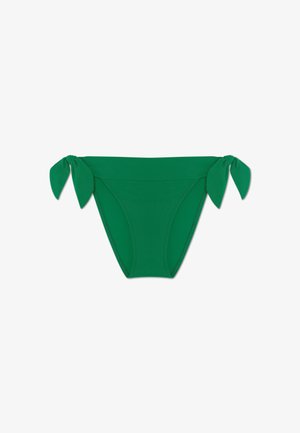 Fondo di bikini verde realizzato in tessuto morbido e elastico. Presenta dettagli con lacci su ciascun lato e un taglio classico con copertura minima.