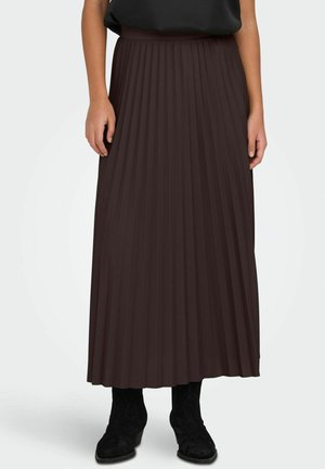 Bruine geplooide maxi rok met een gladde tailleband, gemaakt van een lichte stof, met verticale lijnen en een vloeiende uitstraling.