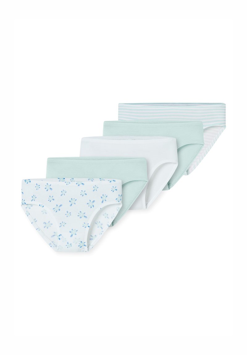Fünf Unterhosen in hellen Farben: ein Blumendesign auf Weiß, drei einfarbige mintfarbene Töne und ein gestreiftes Muster in Mint und Weiß.
