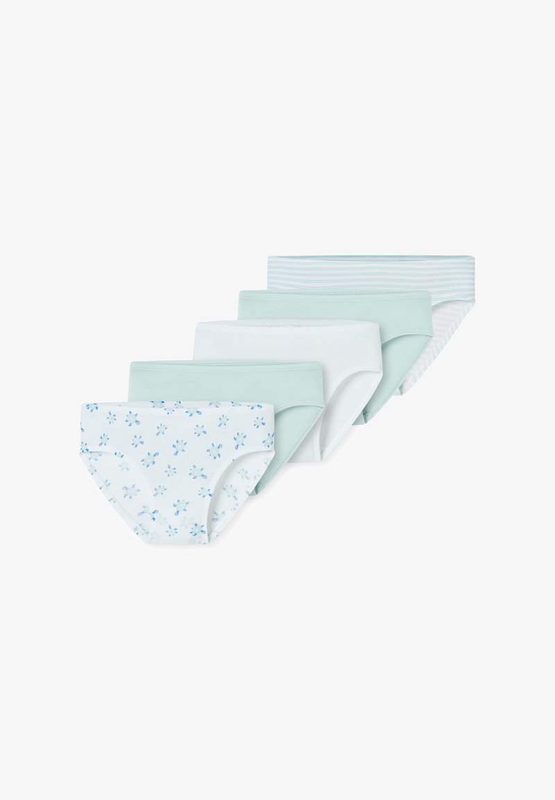 Fünf Unterhosen in hellen Farben: ein Blumendesign auf Weiß, drei einfarbige mintfarbene Töne und ein gestreiftes Muster in Mint und Weiß.