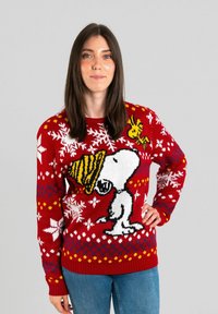 Roter gestrickter Pullover mit Snoopy, der einen gelben Hut und einen Vogel trägt, dekoriert mit Schneeflocken und geometrischen Mustern, mit gerippten Bündchen und Saum.