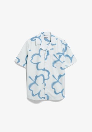 Kurzarm-Hemd mit Knöpfen aus weißem Stoff mit einem blauen Blumen-Sprühmuster. Verfügt über eine Brusttasche und einen klassischen Kragen.