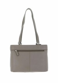Sac à main en cuir gris avec deux anses, de forme plate, poche zippée à l'avant et détails de couture minimalistes. Texture lisse et design épuré.