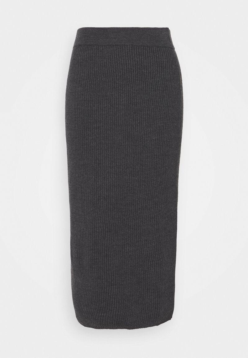 Jupe crayon en maille côtelée gris foncé avec une taille haute, longueur genou et coupe droite.