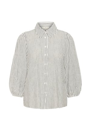 Bijela košulja s dugmadima, crnim vertikalnim prugama, bujnim dugim rukavima i šiljastim ovratnikom.