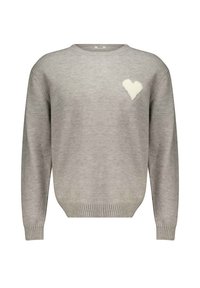 Pull en gris clair avec de longues manches, un col rond et un doux patch en forme de cœur blanc sur la poitrine gauche. Possède un ourlet et des poignets côtelés.