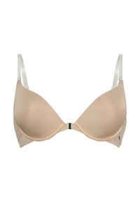 Beige voorgevormde beha met verstelbare witte schouderbanden, een gladde textuur en een sluiting aan de voorkant. Voorzien van naadloze cups voor een natuurlijke vorm.
