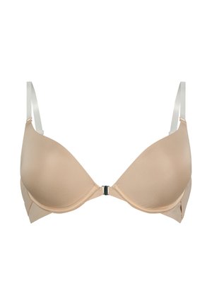 Beige gepolsterter BH mit verstellbaren weißen Trägern, glatter Textur und vorderem Verschluss. Verfügt über nahtlose Cups für eine natürliche Form.