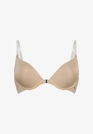 Beige voorgevormde beha met verstelbare witte schouderbanden, een gladde textuur en een sluiting aan de voorkant. Voorzien van naadloze cups voor een natuurlijke vorm.