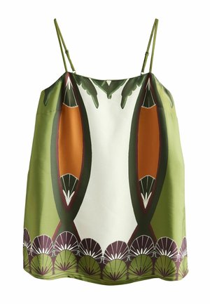 Vihreäkuvioisen, hihattoman mekon sivukuva, jossa napit kulkevat pystysuunnassa selän pitkin ja jossa on halkio alareunan lähellä.