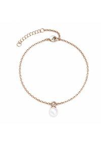 Bracciale in catena dorata con pendente a perla bianca lucida di forma rotonda. Presenta una chiusura a gancetto e un'estensione di lunghezza regolabile.