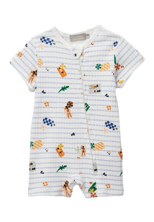 Romper en coton blanc à manches courtes avec un motif à rayures bleues et des graphiques colorés sur le thème de la plage, avec une fermeture à pressions à l'avant.