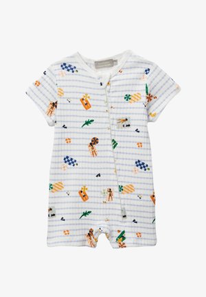 Romper en coton blanc à manches courtes avec un motif à rayures bleues et des graphiques colorés sur le thème de la plage, avec une fermeture à pressions à l'avant.