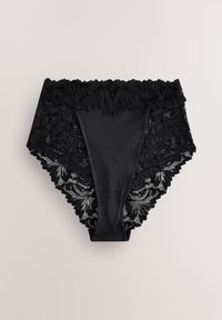 Schwarze Spitzen-Hoch taillenslips mit floralen Mustern, versehen mit einem glatten Mittelteil und gezackten Kanten, die eine zarte Textur bieten.