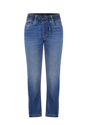Mid-wash denim jeans met een elastische tailleband en trekkoord, met vijf zakken en een rechte broekspijp.