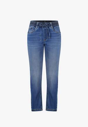 Mid-wash denim jeans met een elastische tailleband en trekkoord, met vijf zakken en een rechte broekspijp.