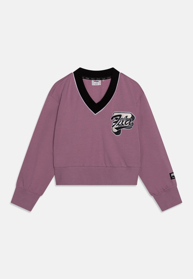 Sudadera corta de manga larga morada con cuello en V negro y parche con el logotipo de FILA en el pecho y el puño de la manga.