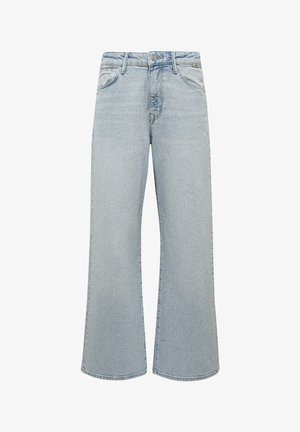 Light blue denim wide-leg jeans with a high waist, five-pocket design, and subtle whiskering at the front. Finished with clean hems.
