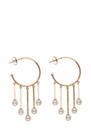 Kultaiset renkaat, joissa on seitsemän pystysuoraa kultaruuvia, jokaisen päässä valkoinen helmi. Tasainen pinta ja kiiltävä viimeistely.