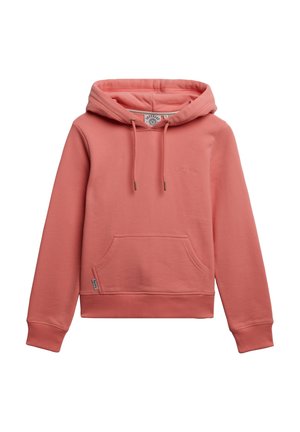 Sudadera de color coral claro, hecha de una tela suave, con un bolsillo canguro frontal, capucha con cordón ajustable y puños y dobladillo acanalados. Detalle del logo bordado.