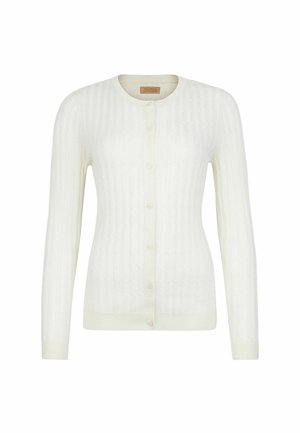 Hvid strikket cardigan med et ribbet mønster, lange ærmer, rund halsudskæring og knaplukning. Blød tekstur med en tætsiddende design.