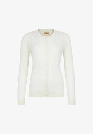 Hvid strikket cardigan med et ribbet mønster, lange ærmer, rund halsudskæring og knaplukning. Blød tekstur med en tætsiddende design.