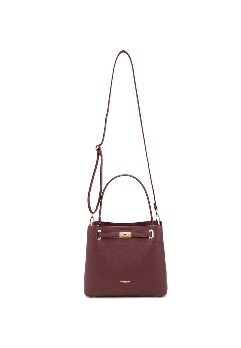 Borsa a mano in pelle bordeaux con doppi manici, tracolla rimovibile, dettagli in hardware dorato e finitura testurizzata.