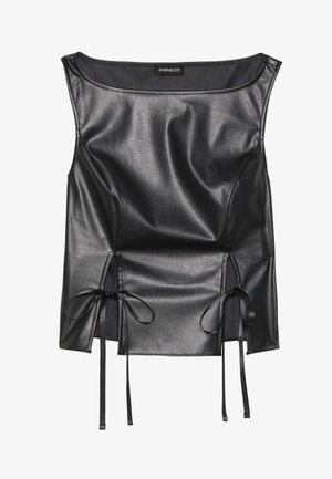 Schwarzes Kunstlederoberteil mit U-Ausschnitt, geraffter Textur, seitlichen Schlitzen mit Satinschnüren und enganliegendem Schnitt.