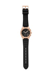 Orologio con cinturino in gomma nera e cassa ottagonale in oro rosa, quadrante nero e indicatori delle ore bianchi. Presenta un display cronografo e accenti testurizzati.