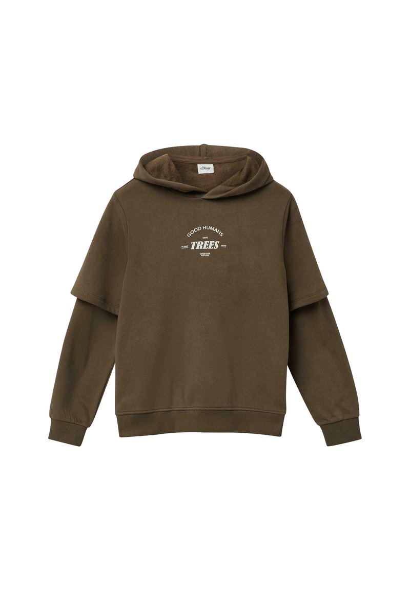 Bruine hoodie met korte mouwen, voorzien van een voorprint met de tekst "GOOD HUMAN’S" en "TREES" in witte letters. Zachte textuur.