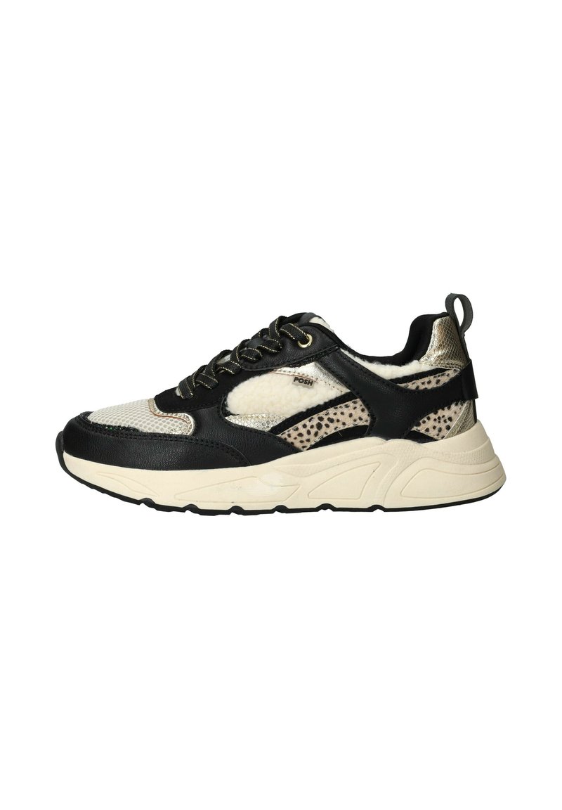 Sneakers hebben een zwart en beige kleurenschema, een textuur bovenwerk met een vachtachtige stof, mesh accenten en een dikke witte middenzool.
