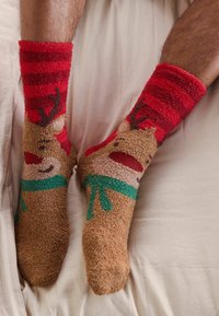 Brūnas pūkainas zeķes ar sarkaniem un svītrainiem malām, ar ziemeļbriedi, kas valkā zaļu šalli, atpūšas uz gaišas auduma virsmas.