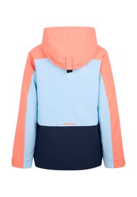 Children’s color-blocked jacket with peach hood and sleeves, light blue upper body, navy lower body, and a back logo.