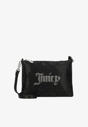 Sac à main en simili cuir noir avec fermeture éclair, orné de petits strass et affichant le logo "Juicy" en argent. Sangle ajustable incluse.