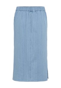 Denim krilo v svetlo modri barvi z navpičnimi belimi črtami, ki ima elastičen pas in stranske razpoke za lažje gibanje.